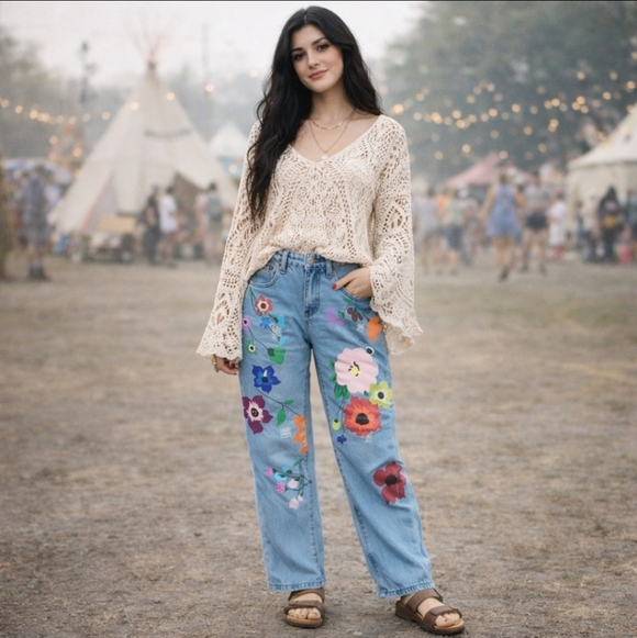 Flower Power retro baggy  straight leg hi rise painted denim jeans W29 L29 - Picture 11 of 11